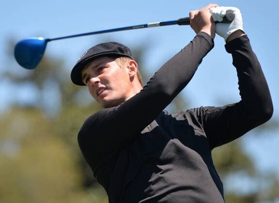 Bryson DeChambeau hits his tee shot on the first hole tee box in the third round of the 2016 Masters Tournament at Augusta National in Augusta, Georgia on April 9, 2016.  MAS20160409111 KEVINxDIETSCH