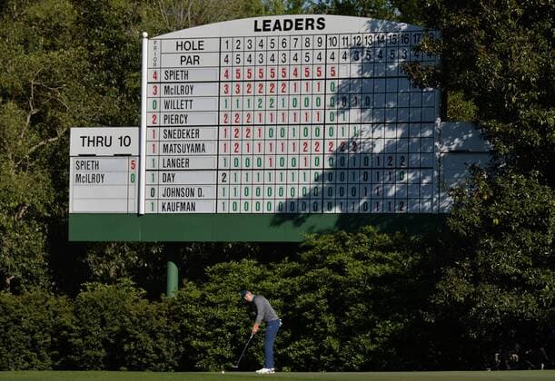 Jordan Spieth putts on the 11th green in the third round of the 2016 Masters Tournament at Augusta National in Augusta, Georgia on April 9, 2016.  MAS20160409133 KEVINxDIETSCH