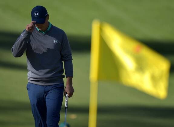 Jordan Spieth tips his hat as he walks to the 10th green in the third round of the 2016 Masters Tournament at Augusta National in Augusta, Georgia on April 9, 2016.  MAS20160409128 KEVINxDIETSCH