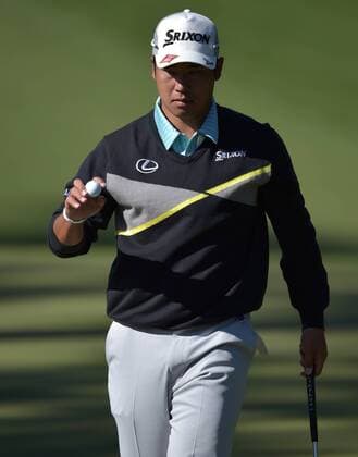 Hideki Matsuyama of Japan reacts after making a putt on the 10th green in the third round of the 2016 Masters Tournament at Augusta National in Augusta, Georgia on April 9, 2016.  MAS20160409149 KEVINxDIETSCH