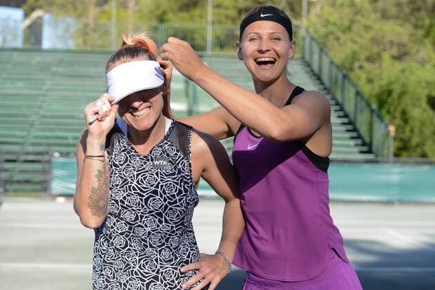 April 9, 2016 - Charleston, South Carolina, United States - BETHANIE MATTEK-SANDS and LUCIE SAFAROVA pose for a photo after winning their semifinal match vs. V. King and A. Kudryavtseva at the Volvo Car Open Tennis 2016 - Volvo Car Open - Day 6 - ZUMAl132
