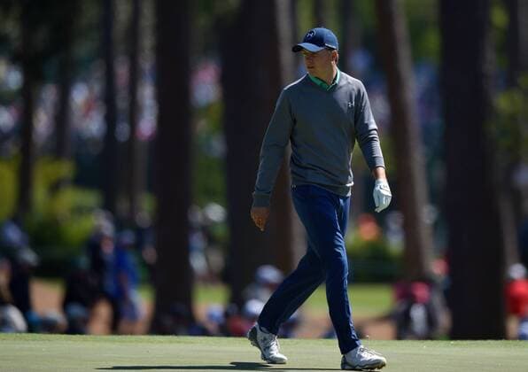 Jordan Spieth walks on the 3rd green in the third round of the 2016 Masters Tournament at Augusta National in Augusta, Georgia on April 9, 2016.  MAS20160409160 KEVINxDIETSCH