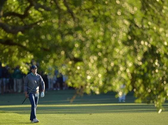 Jordan Spieth walks on the 18th fairway in the third round of the 2016 Masters Tournament at Augusta National in Augusta, Georgia on April 9, 2016.  MAS20160409163 KEVINxDIETSCH