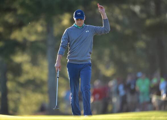 Jordan Spieth reacts after a putt on the 17th hole in the third round of the 2016 Masters Tournament at Augusta National in Augusta, Georgia on April 9, 2016.  MAS20160409165 KEVINxDIETSCH
