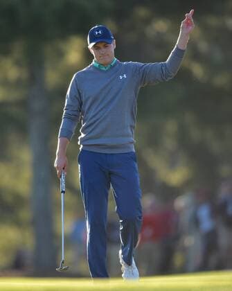 Jordan Spieth reacts after a putt on the 17th hole in the third round of the 2016 Masters Tournament at Augusta National in Augusta, Georgia on April 9, 2016.  MAS20160409167 KEVINxDIETSCH