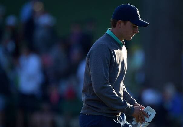 Jordan Spieth walks to the 18th tee box in the third round of the 2016 Masters Tournament at Augusta National in Augusta, Georgia on April 9, 2016.  MAS20160409169A KEVINxDIETSCH