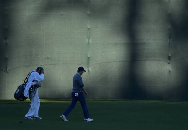 Jordan Spieth walks to the 16th tee box in the third round of the 2016 Masters Tournament at Augusta National in Augusta, Georgia on April 9, 2016.  MAS20160409169 KEVINxDIETSCH