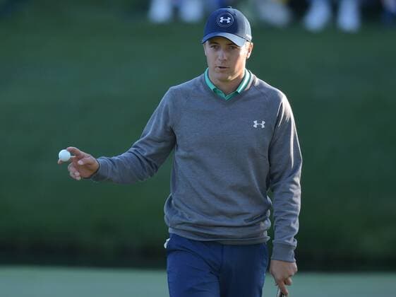 Jordan Spieth reacts after making a par on the 16th hole in the third round of the 2016 Masters Tournament at Augusta National in Augusta, Georgia on April 9, 2016.  MAS20160409170 KEVINxDIETSCH