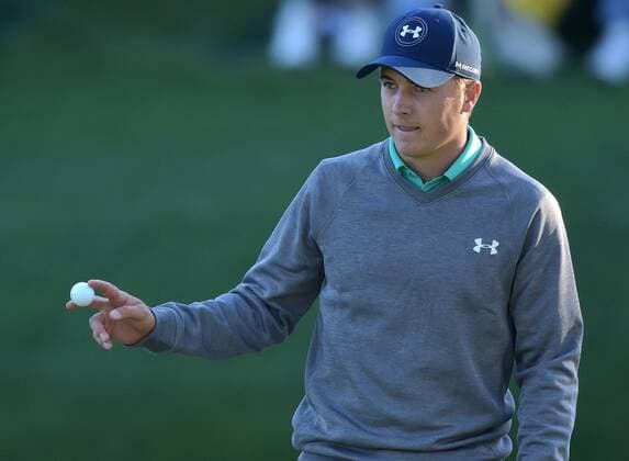 Jordan Spieth reacts after making a par on the 16th hole in the third round of the 2016 Masters Tournament at Augusta National in Augusta, Georgia on April 9, 2016.  MAS20160409171 KEVINxDIETSCH