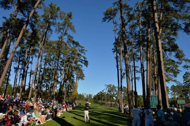 Hideki Matsuyama of Japan hits his tee shot on the 18th hole in the third round of the 2016 Masters Tournament at Augusta National in Augusta, Georgia on April 9, 2016.  MAS20160409173 KEVINxDIETSCH