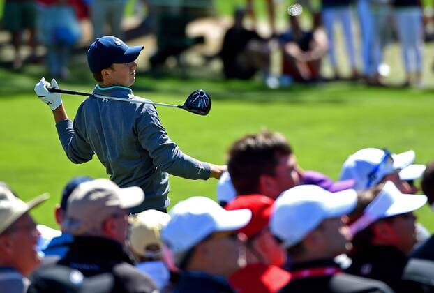 April 9, 2016 - Augusta, GA, USA - Jordan Spieth follows through on his swing from the 3rd tee during the third round of the 80th Masters at the Augusta National Golf Club in Augusta, Ga., on Saturday, April 9, 2016. Masters, third round - ZUMAm67_