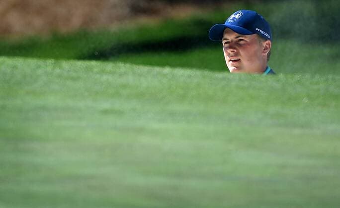 April 9, 2016 - Augusta, GA, USA - Jordan Spieth looks over the edge of a bunker along the 7th green during the third round of the 80th Masters at the Augusta National Golf Club in Augusta, Ga., on Saturday, April 9, 2016. Masters, third round - ZUMAm67_