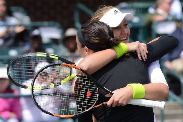 April 10, 2016 - Charleston, South Carolina, United States - CAROLINE GARCIA and KRISTINA MLADENOVIC of France celebrate winning the doubles title at the Volvo Car Open Tennis 2016 - Volvo Car Open - Day 7 - ZUMAl132