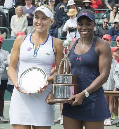 April 10, 2016: Sloane Stephens (USA) (right) wins the final, a trophy, and a car against Elena Vesnina (RUS) 7-6, 6-2, at the Volvo Car Open being played at Family Circle Tennis Center in Charleston, South Carolina. Â© TENNIS 2016: Volvo Car Open APRIL 16 - ZUMAc04_