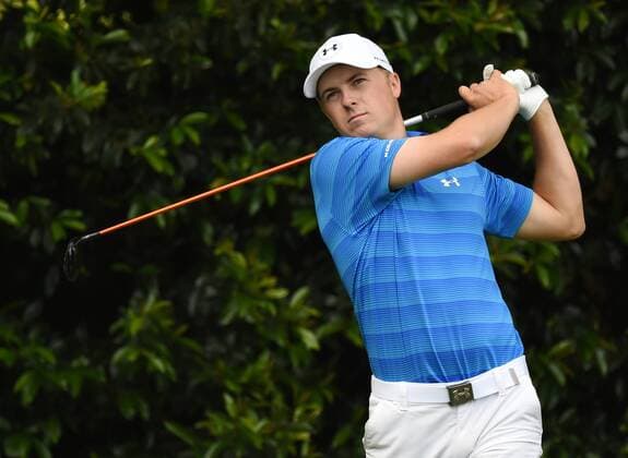 Jordan Spieth hits his tee shot on the 5th hole in the final round of the 2016 Masters Tournament at Augusta National in Augusta, Georgia on April 10, 2016.  MAS20160410114 KEVINxDIETSCH