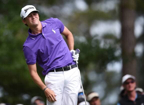 Smylie Kaufman reacts after his tee shot on the 4th hole in the final round of the 2016 Masters Tournament at Augusta National in Augusta, Georgia on April 10, 2016.  MAS20160410112 KEVINxDIETSCH