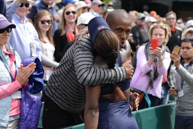 April 10, 2016 - Charleston, South Carolina, United States - SLOANE STEPHENS hugs her coach after winning the Volvo Car Open Tennis 2016 - Volvo Car Open - Day 7 - ZUMAl132