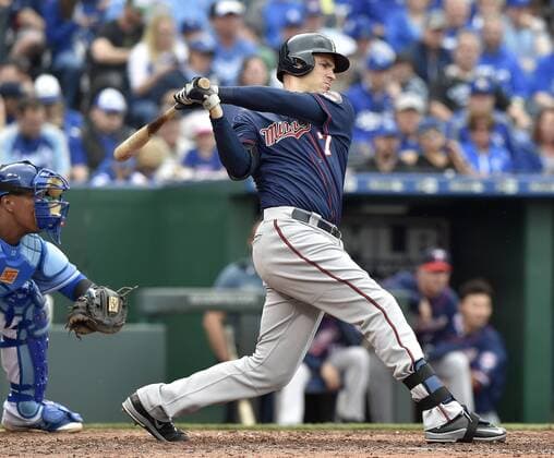 Baseball, MLB, Kansas City Royals - Minnesota Twins April 10, 2016 - Kansas City, MO, USA - Minnesota Twins Joe Mauer follows through on a single during the sixth inning on Sunday, April 10, 2016, at Kauffman Stadium in Kansas City, Mo. Minnesota Twins at Kansas City Royals - ZUMAm67_