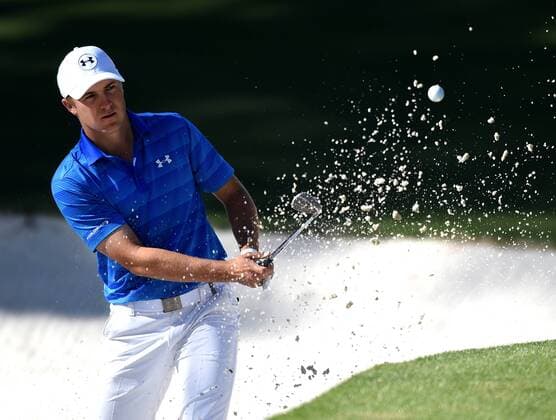 Jordan Spieth hits a shot out of the bunker on the 10th hole in the final round of the 2016 Masters Tournament at Augusta National in Augusta, Georgia on April 10, 2016.  MAS20160410127 KEVINxDIETSCH