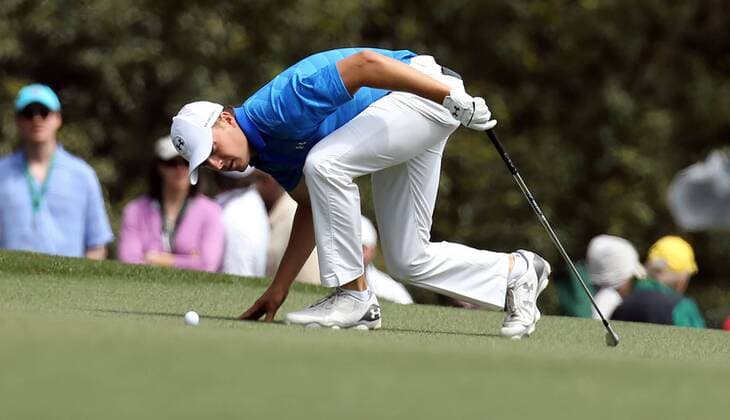 April 10, 2016 - Augusta, GA, USA - Jordan Spieth checks his shot on the first fairway during the final round of the Masters on Sunday, April 10, 2016, at Augusta National Golf Club in Augusta, Ga. Masters final round - ZUMAm67_
