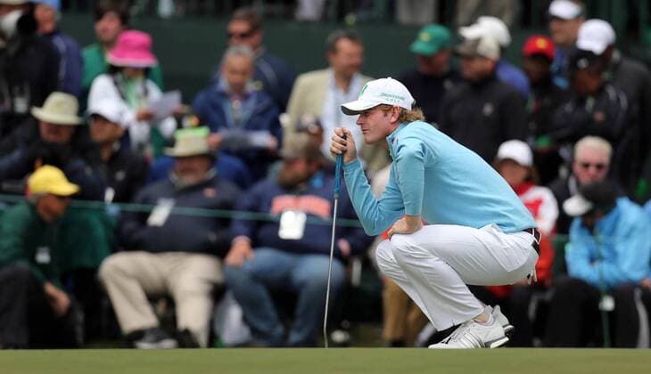 April 10, 2016 - Augusta, GA, USA - Brandt Snedeker looks over his putt for a birdie on the first green during the final round of the Masters on Sunday, April 10, 2016, at Augusta National Golf Club in Augusta, Ga. Masters final round - ZUMAm67_