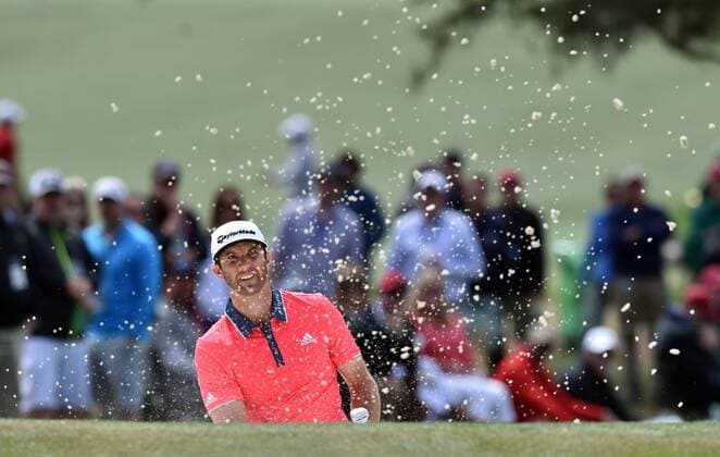 April 10, 2016 - Augusta, GA, USA - Dustin Johnson hits from the sand on the seventh hole during the final round of the Masters on Sunday, April 10, 2016, at Augusta National Golf Club in Augusta, Ga. Masters final round - ZUMAm67_