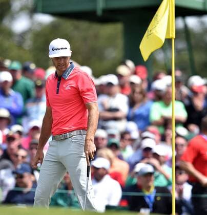 April 10, 2016 - Augusta, GA, USA - Dustin Johnson checks his shot on the second green during the final round of the Masters on Sunday, April 10, 2016, at Augusta National Golf Club in Augusta, Ga. Masters final round - ZUMAm67_