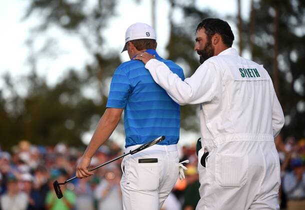 Jordan Spieth and Caddie Michael Greller walk off of the 18th green in the final round of the 2016 Masters Tournament at Augusta National in Augusta, Georgia on April 10, 2016. Spieth lost control of the round after making a score of 7 on the par 3 12th hole knocking 2 balls into the water and failed to repeat as Masters champion. Danny Willett won in his second Masters and he became the first player from England to win the green jacket since Nick Faldo in 1996.  MAS20160410140 KEVINxDIETSCH