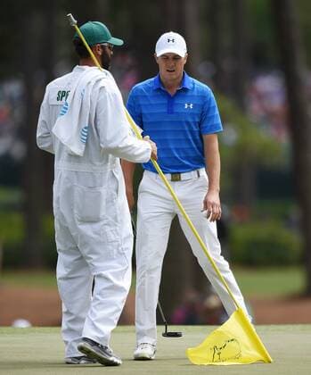 Jordan Spieth reacts after a putt on the 3rd hole in the final round of the 2016 Masters Tournament at Augusta National in Augusta, Georgia on April 10, 2016. Spieth lost control of the round after making a score of 7 on the par 3 12th hole knocking 2 balls into the water and failed to repeat as Masters champion. Danny Willett won in his second Masters and he became the first player from England to win the green jacket since Nick Faldo in 1996.  MAS20160410155 KEVINxDIETSCH