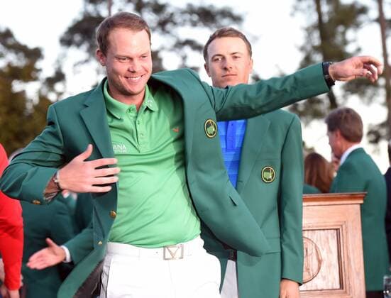 2015 champion Jordan Spieth puts the Green Jacket on Danny Willett of England after Willett wins the 2016 Masters Tournament with a score of 5 under par at Augusta National in Augusta, Georgia on April 10, 2016. Danny Willett won in his second Masters and he became the first player from England to win the green jacket since Nick Faldo in 1996.  MAS20160410158 KEVINxDIETSCH