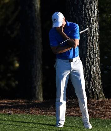 Jordan Spieth reacts on the 18th fairway in the final round of the 2016 Masters Tournament at Augusta National in Augusta, Georgia on April 10, 2016. Spieth lost control of the round after making a score of 7 on the par 3 12th hole knocking 2 balls into the water and failed to repeat as Masters champion. Danny Willett won in his second Masters and he became the first player from England to win the green jacket since Nick Faldo in 1996.  MAS20160410164 KEVINxDIETSCH