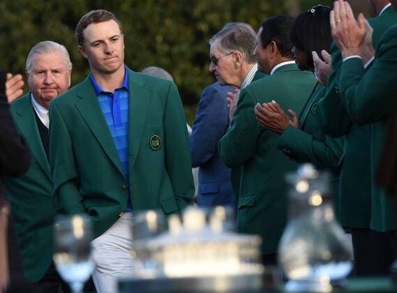 Jordan Spieth arrives at the Green Jacket ceremony after the final round of the 2016 Masters Tournament at Augusta National in Augusta, Georgia on April 10, 2016. Spieth lost control of the round after making a score of 7 on the par 3 12th hole knocking 2 balls into the water and failed to repeat as Masters champion. Danny Willett won in his second Masters and he became the first player from England to win the green jacket since Nick Faldo in 1996.  MAS20160410168 KEVINxDIETSCH