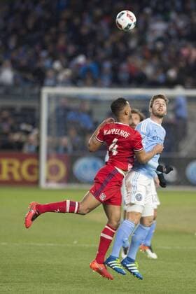 April 6, 2016 - Bronz, New York, U.S - New York City FC forward PATRICK MULLINS (14) (right) and Chicago Fire defender JOHAN KAPPELHOF (4) fight for the ball Soccer 2016 - NYCFC vs Chicago Fire 0-0 - ZUMAs192