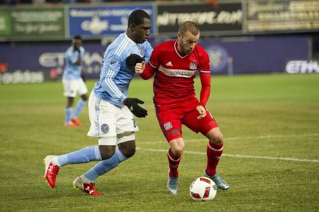 April 6, 2016 - Bronz, New York, U.S - Chicago Fire midfielder JOHN GOOSSENS (7) and New York City FC midfielder KWADWO POKU (88) fight for the ball Soccer 2016 - NYCFC vs Chicago Fire 0-0 - ZUMAs192