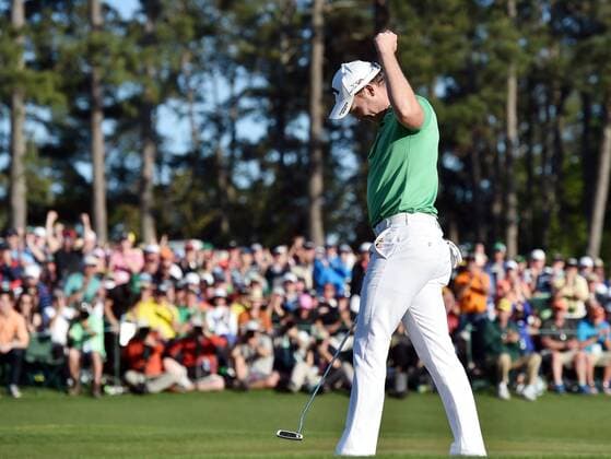 April 10, 2016 - Augusta, GA, USA - Danny Willett throws his fist in the air on the 18th green after finishing 5-under during the final round of the Masters on Sunday, April 10, 2016, at Augusta National Golf Club in Augusta, Ga. Masters final round - ZUMAm67_