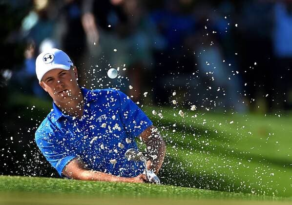 April 10, 2016 - Augusta, GA, USA - Jordan Spieth hits a shot from a sand trap along the 10th green during the final round of the Masters on Sunday, April 10, 2016, at Augusta National Golf Club in Augusta, Ga. Masters final round - ZUMAm67_