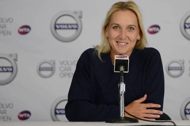 April 10, 2016 - Charleston, South Carolina, United States - ELENA VESNINA of Russia speaks to the media after the final of the Volvo Car Open Tennis 2016 - Volvo Car Open - Day 7 - ZUMAl132