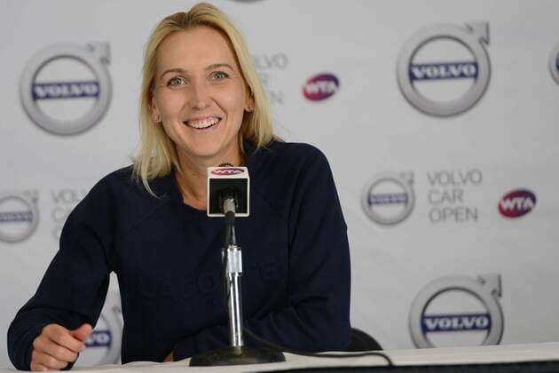 April 10, 2016 - Charleston, South Carolina, United States - ELENA VESNINA of Russia speaks to the media after the final of the Volvo Car Open Tennis 2016 - Volvo Car Open - Day 7 - ZUMAl132