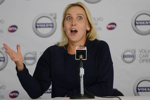April 10, 2016 - Charleston, South Carolina, United States - ELENA VESNINA of Russia speaks to the media after the final of the Volvo Car Open Tennis 2016 - Volvo Car Open - Day 7 - ZUMAl132