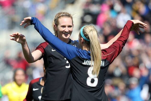10 April 2016: Julie Johnston (USA) (8) celebrates her first goal with Samantha Mewis (USA) (3). The United States Women s national team Nationalteam played the Colombia Women s National Team at Talen Energy Stadium in Chester, Pennsylvania in an women s International Friendly Länderspiel soccer game. The U.S. won the match 3-0. (Photograph by Andy Mead YCJ Icon Sportswire) SOCCER: APR 10 Women s - USA v Colombia Icon918160410038 EDITORIAL USE ONLY