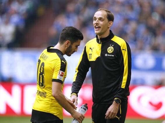 TUCHEL Thomas Trainer Borussia Dortmund mit SAHIN Nuri DFL Fussball Bundesliga Saison 2015-2016 Spiel FC Schalke 04-Borussia Dortmund 2 : 2 am 10. April 2016 in Gelsenkirchen aufSchalke 