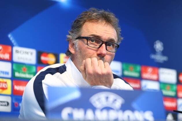 Fußball, Champions League, Paris St. Germain Pressekonferenz Laurent Blanc, manager of PSG during the UEFA Champions League press conference PK Pressekonferenz at the Etihad Stadium. Photo credit should read: Philip Oldham Sportimage EDITORIAL USE ONLY. No use with unauthorised audio, video, data, fixture lists, club league logos or live services. Online in-match use limited to 120 images, no video emulation. No use in betting, games or single club league player publications.