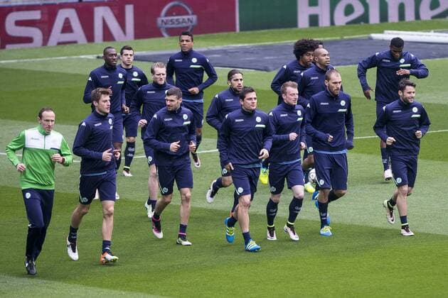 Wolfsburg players during the practice session at Santiago Bernabeu the day before Champions League match between Real Madrid and Wolfsburgo. April 11, 2016.  (20160411039)