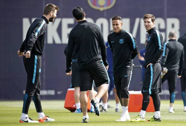 BARCELONA -april 12- SPAIN: Leo Messi, Neymar Jr., Gerard Pique and Luis Suarez during the training before the Champions League match against Atletico de Madrid, celebrated in the Ciutat Esportiva Joan Gamper, on april 12, 2016. Photo: Joan Valls Urbanandsport Cordon Press  xJoanxValls Urbanandsportx xFC-BARCELONA-TRAINING-CHAMPIONS-LEAGUEx