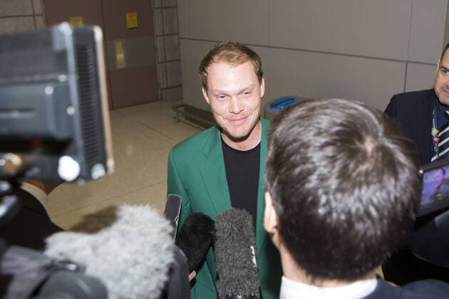 April 12, 2016 - Manchester, Lancashire, UK - Manchester UK. US Masters champion David Willett arrives back in Britain at Manchester Airport this morning after scooping the Ã‚Â£1.8M top prize in Augusta. David Willett  - ZUMAl94_