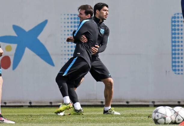 BARCELONA -april 12- SPAIN: Lionel Messi and Luis Suarez during the training before the Champions League match against Atletico de Madrid, celebrated in the Ciutat Esportiva Joan Gamper, on april 12, 2016.  xJoanxValls Urbanandsportx xFC-BARCELONA-TRAINING-CHAMPIONS-LEAGUEx