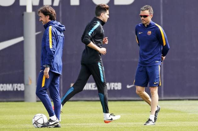BARCELONA -april 12- SPAIN: Luis Enrique Martinez and Marc Bartra during the training before the Champions League match against Atletico de Madrid, celebrated in the Ciutat Esportiva Joan Gamper, on april 12, 2016.  xJoanxValls Urbanandsportx xFC-BARCELONA-TRAINING-CHAMPIONS-LEAGUEx