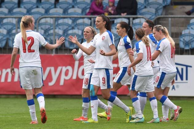 Soccer players of Czech Republic celebrate 3rd goal during the women s football European Cup 2017 qualifier, Czech Republic vs Georgia, in Opava, Czech Republic, April 12, 2016. (CTKxPhoto JaroslavxOzana) CTKPhotoP201604120808101  JAO_9785