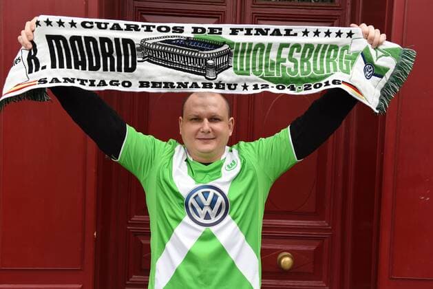 Spain: Wolfsburg fans in Madrid Wolfsburg supporter pictured in Madrid. Nearly 2,000 Wolfsburg fans travel to Madrid to watch the UEFA Champions League match between Real Madrid (Spain) and Wolfsburg (Germany). Supporters congregate in the streets around Plaza Mayor in central Madrid prior the game.  JorgexSanz