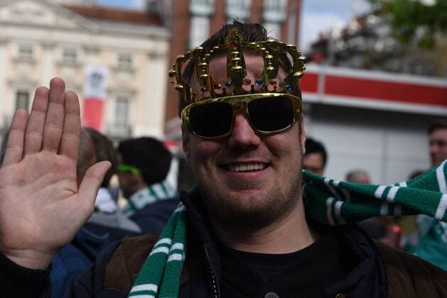 Spain: Wolfsburg fans in Madrid Wolfsburg supporter pictured in Madrid. Nearly 2,000 Wolfsburg fans travel to Madrid to watch the UEFA Champions League match between Real Madrid (Spain) and Wolfsburg (Germany). Supporters congregate in the streets around Plaza Mayor in central Madrid prior the game.  JorgexSanz